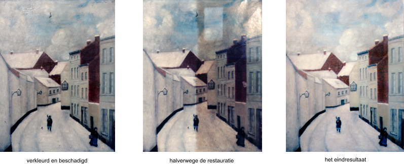 verkleurd en beschadigd halverwege de restauratie het eindresultaat